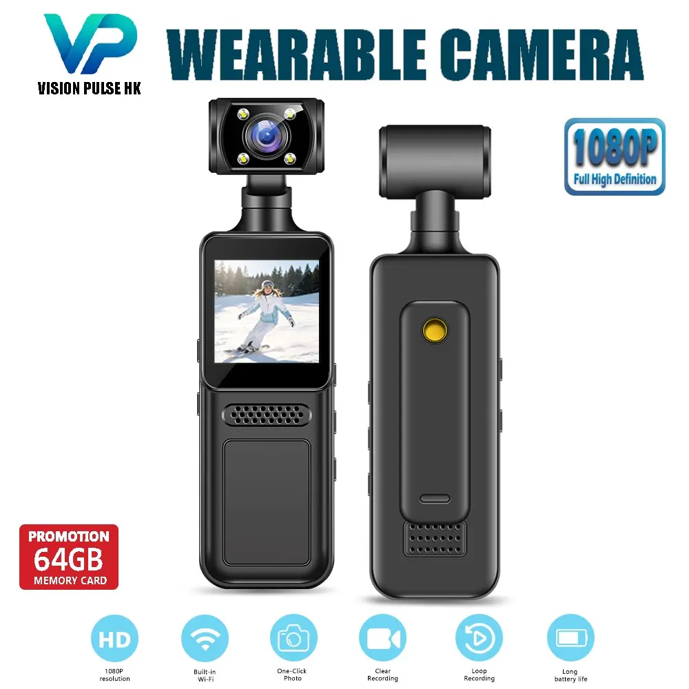1080P Mini Body Camera with Clip Design, Rotatable Lens, WiFi File Transfer, Screen, IR Night Vision, Motion Detection, G-Sensor, Loop Recording, 32GB/64GB Micro SD Card Option for Bike, Delivery, Pet and Daily Use