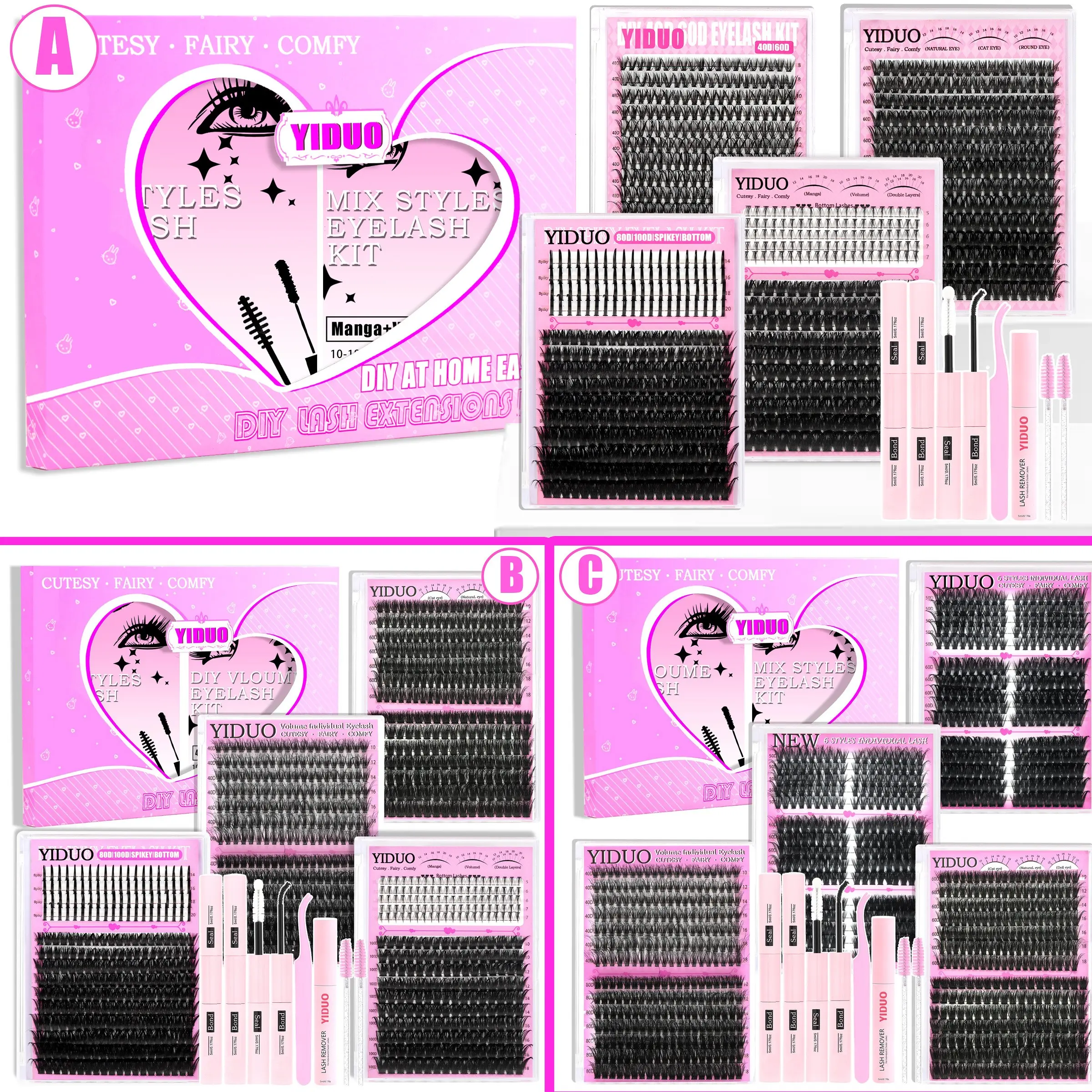 YIDUO 6/8/10-Style Eyelash Cluster Kit, Diy Eyelash Extensions Kit: 40D/60D/80D/Spike/Bottom Lash Clusters; 5-18mm Eyelash Extension Kit (1,086 pieces), D-Curvature; Includes 2 tubes of adhesive and sealer, Eyelash Remover, Eyelash Tweezers, Eyelash Brush