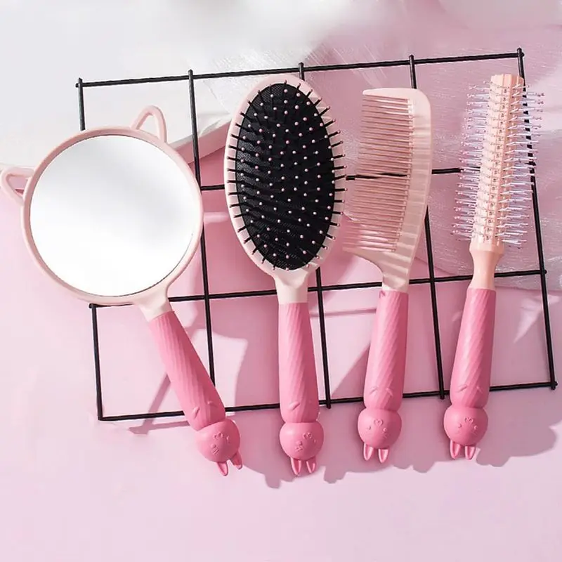 4-piece women's hair comb set, cute design hair combs, with hand-held mirror, travel-friendly, can detangle knotted hair, massage hair comb, with air cushion, suitable for wet and dry use (pink): Beauty and personal care
