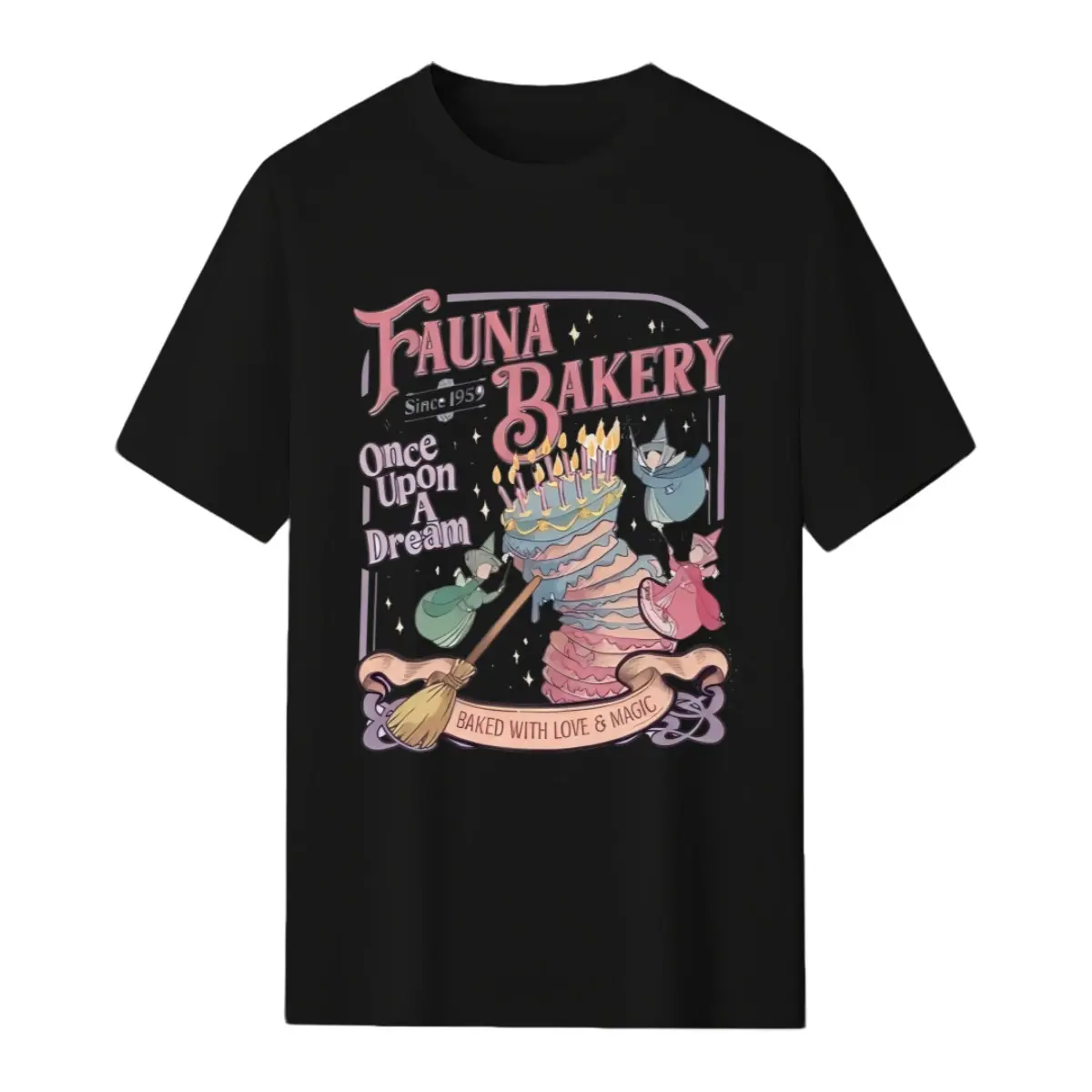 Women's Casual Sports Top, Retro Fairytale Graphic Tee with 3 Fairies & Magic Cake, Pastel Fairy Look, Princesscore, Vintage 90s Cartoon, Relaxed Unisex Fit, Cottagecore Aesthetic