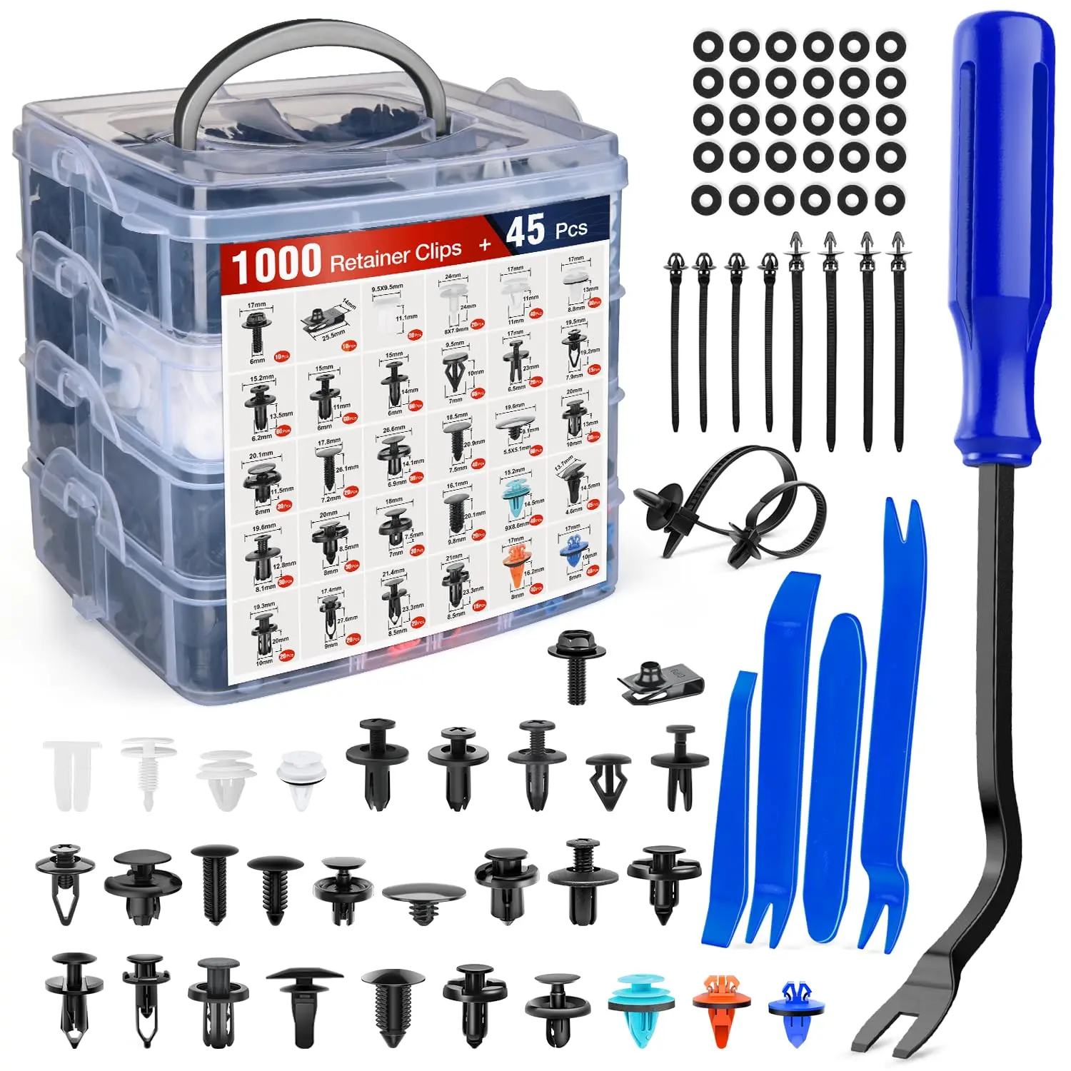 Nilight 1045 Pieces Car Push Retainer Clips Kit - 1000 Fixing Clips, 30 Types Common Sizes Nylon Bumper Fender Rivets, 5 Fastener Removers, 10 Cable Ties, 30 Pcs Sponge-Cushion, Easy to Store OEM Replacement DIY Auto Parts for Toyota, GM