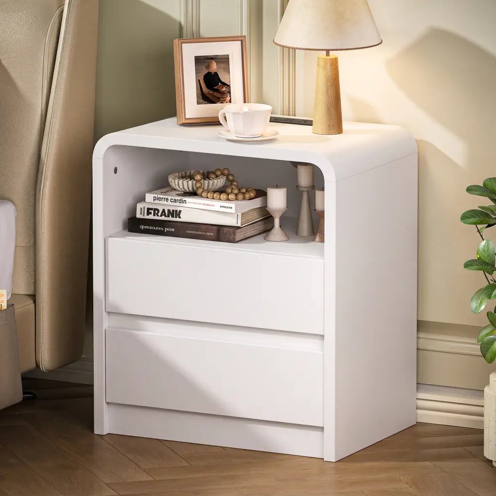 Littleox Modern Night Stand with Charging Station, 25" Tall Wood Nightstand Bedside Table with 2 Drawers & USB Ports, Mid-Century End Table for Bedroom (1, White Smooth, 2 Drawers)