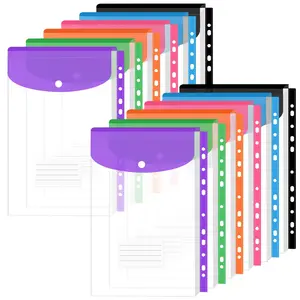 12 Pack Plastic Envelopes Binder Pocket 11 Holes Expandable Binder Folders for 2/3/4 Ring Document Pouch with Snap Button & Label Loose-Leaf Transparent for School Home Office
