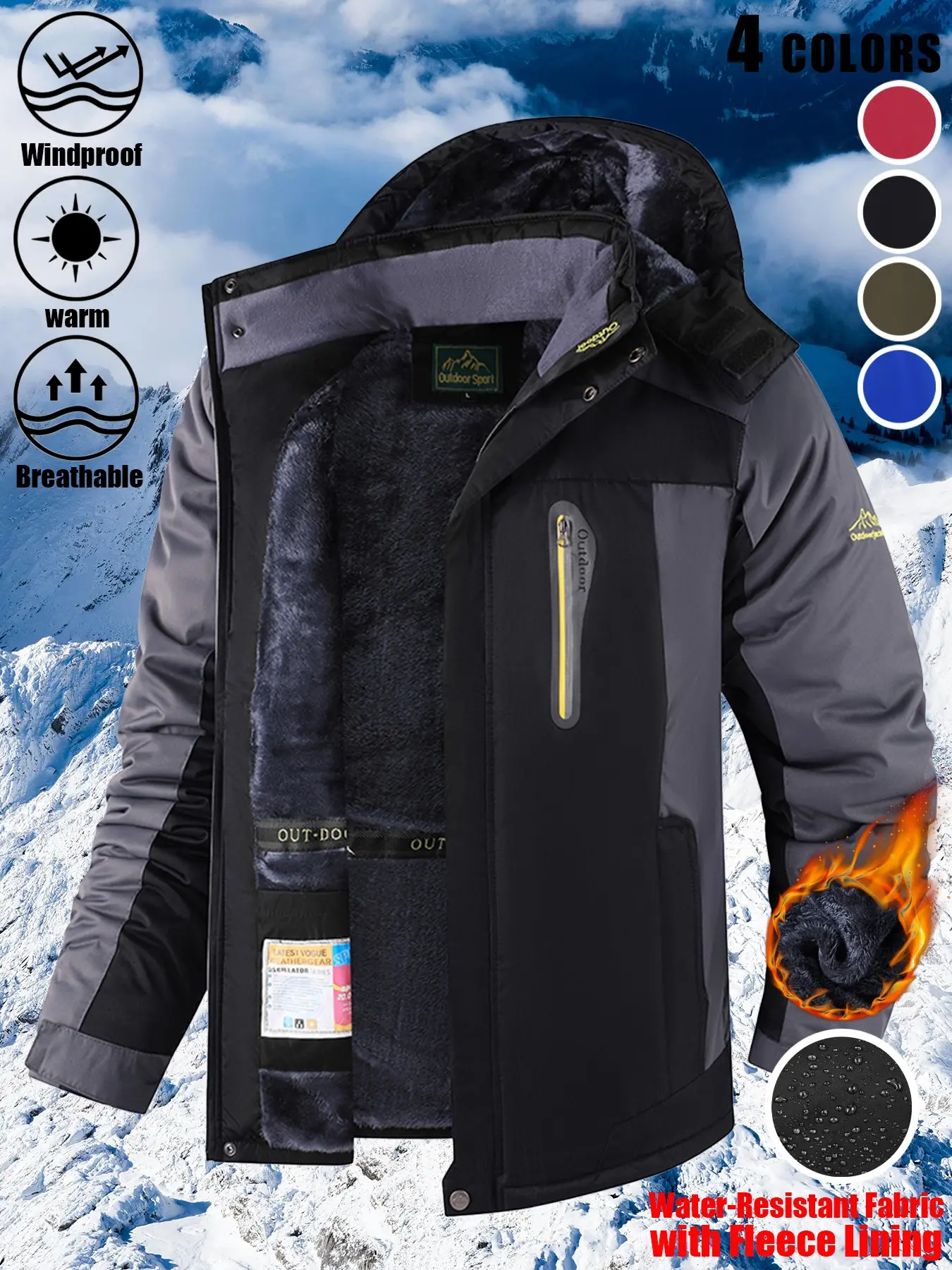 1 Pack Men's Fashion Hooded Fleece-Lined Softshell Jacket Waterproof Windproof Warm Breathable Arm Embroidery Full Zip Chest Zip Pocket Side Pockets Splicing Design Adjustable Cuffs Outdoor Coat 4 Colors for Daily Wear Hiking Camping Travel Streetwear