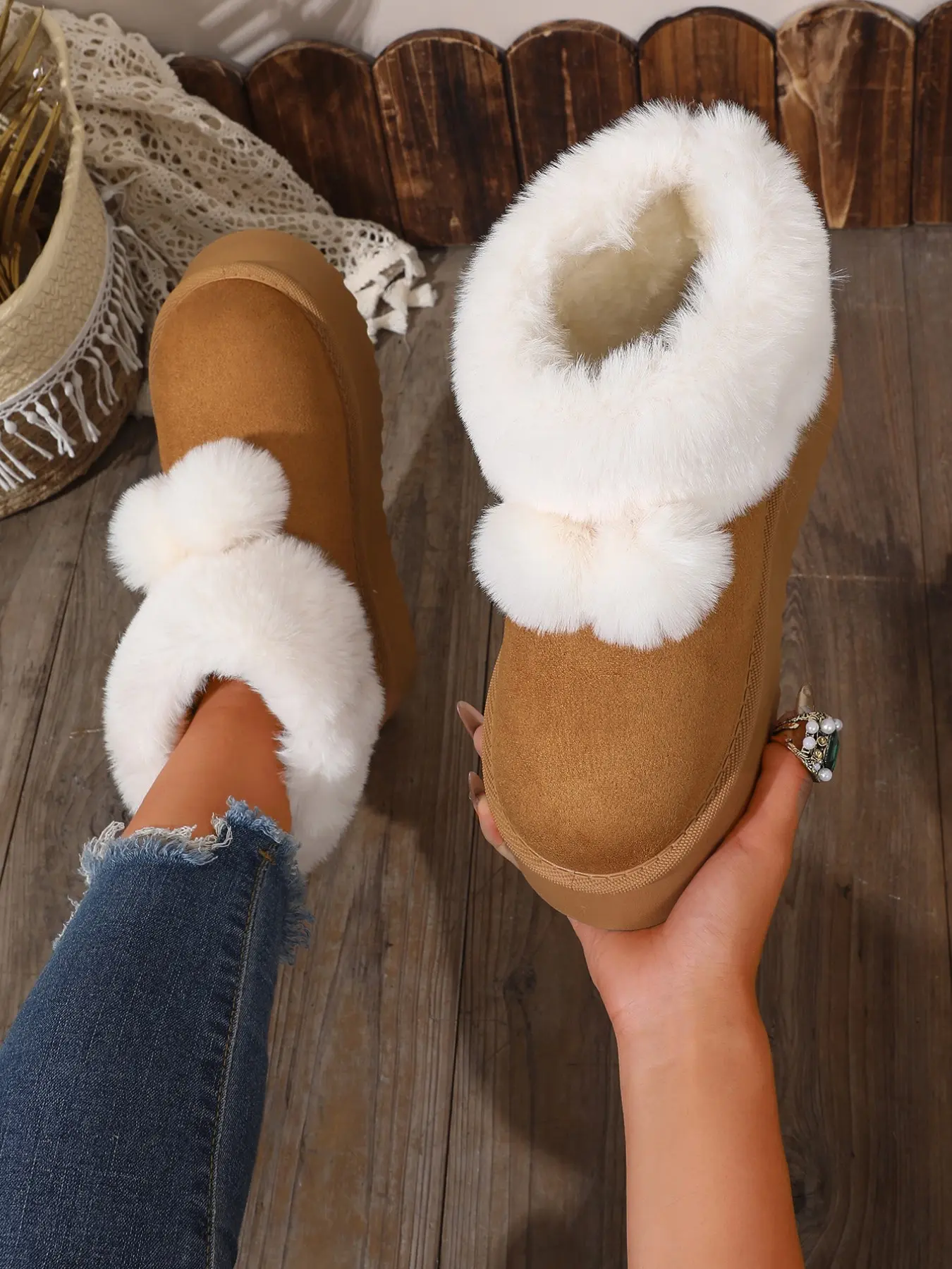Sweet Plush Ball Turn-Down Snow Boots for Women, Winter Thickened Rubber Sole, Anti-Slip Short Cuff Cotton Shoes, Versatile Female Footwear