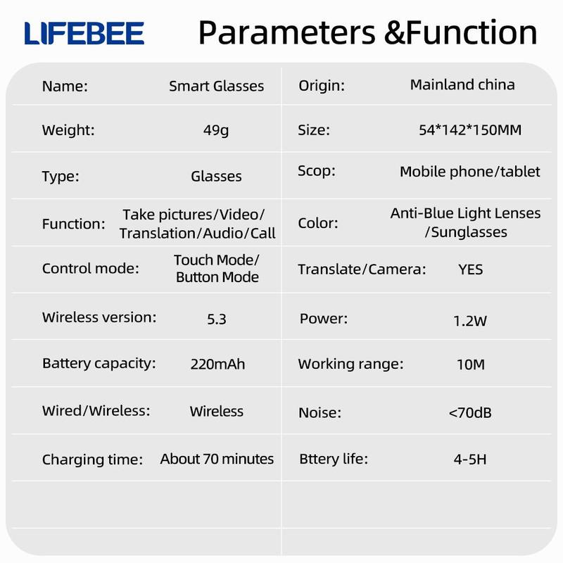 LIFEBEE Smart Shooting Glasses, Wireless Smart Glasses, Ai Smart Glasses, 5MP HD Camera Glasses with Voice Interaction, Real-time Translation Glasses, Smart Glasses for Enhanced Viewing Experience, Wearable