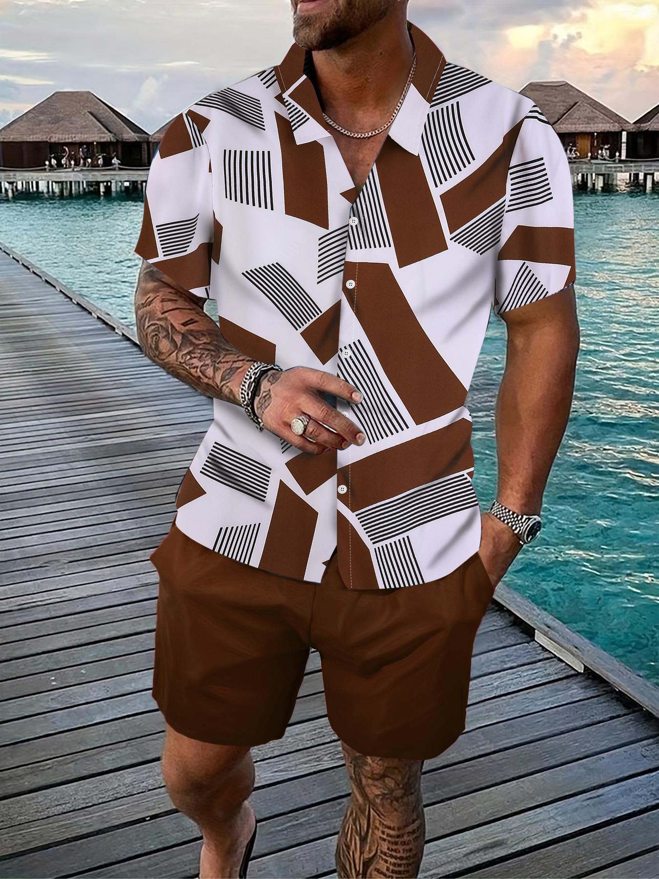 Men's Geometric Print Shirt & Shorts Two-piece Set, Regular Fit Casual Short Sleeve Collared Top & Shorts, Men's Summer Clothes for Beach Vacation