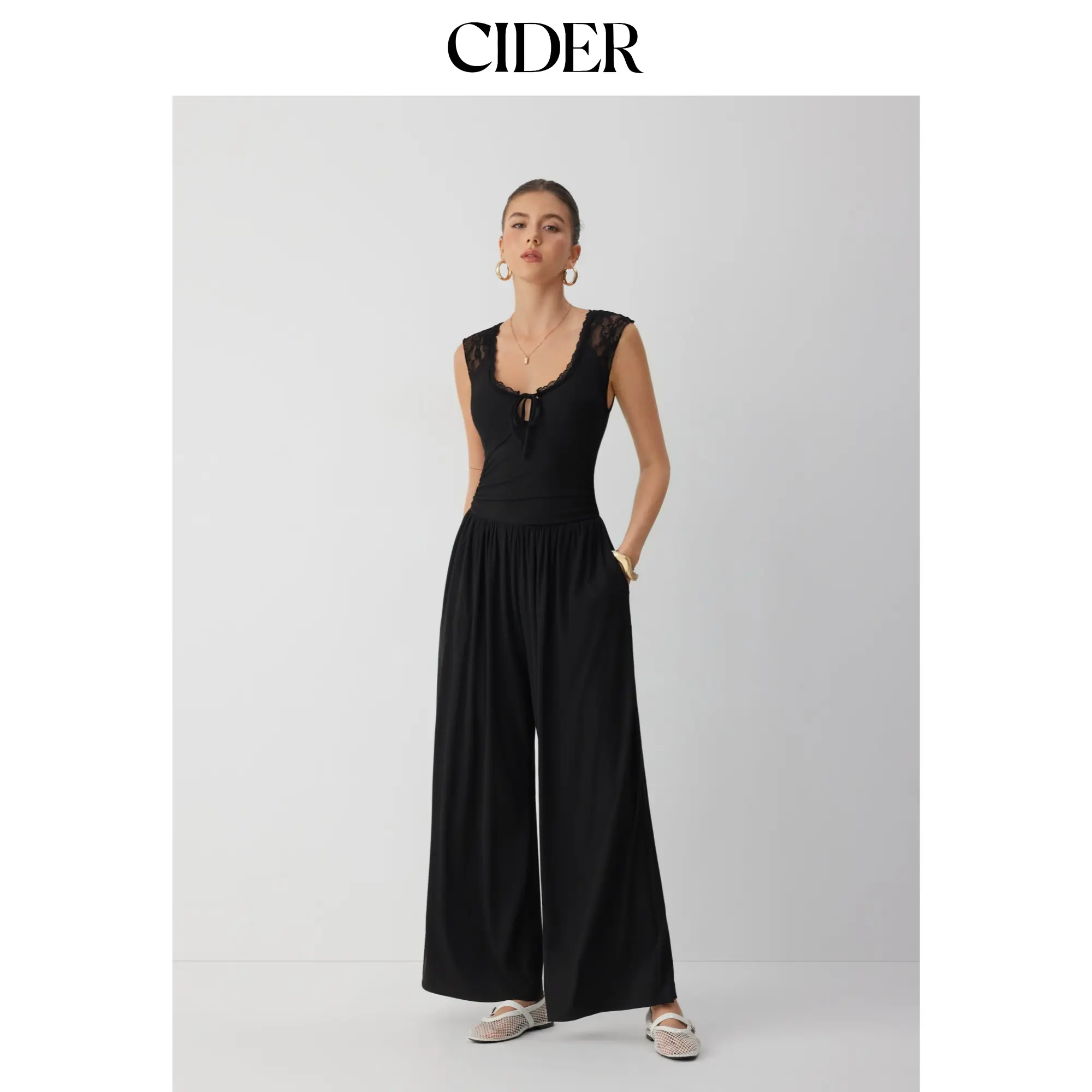 Cider Mid Rise Lace Panel Lace Up Wide Leg Jumpsuit