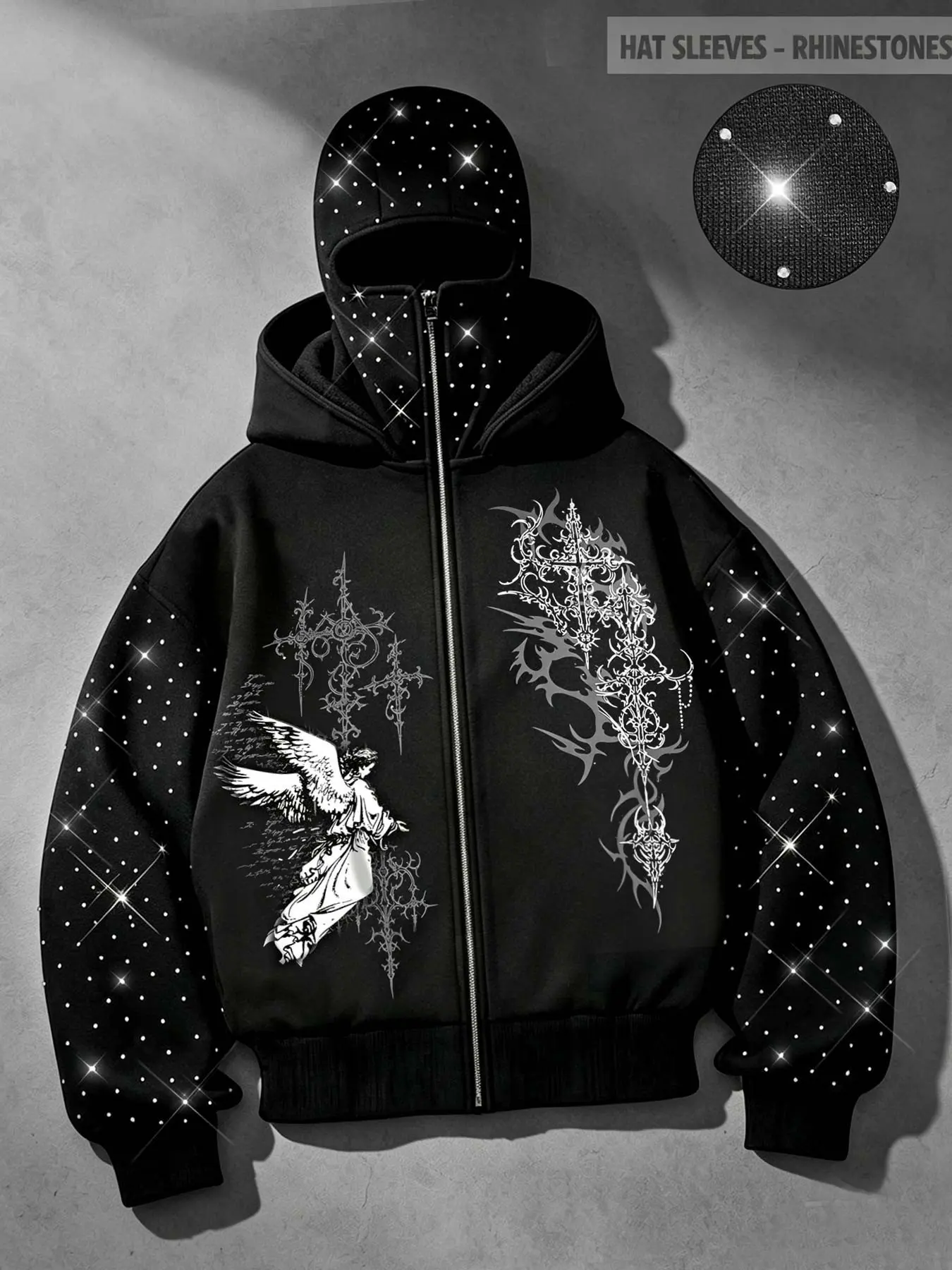 Men's Gothic Angel Cross Rhinestone Zip-Up Hoodie with Integrated Face Mask; Unisex Y2K Retro Style Fleece Hoodie Featuring Thorn Prints and Allover Rhinestone Embellishments on Sleeves.