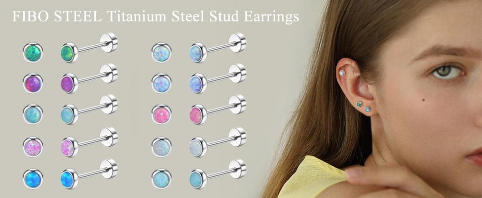 FIBO STEEL 10 Pairs Flat Back Earrings Set for Women Men 316L Surgical Steel Stud Earring Cubic Zirconia Opal 20G Cartilage Earring Piercing Jewelry Hypoallergenic Sturdy Long Color Retention
