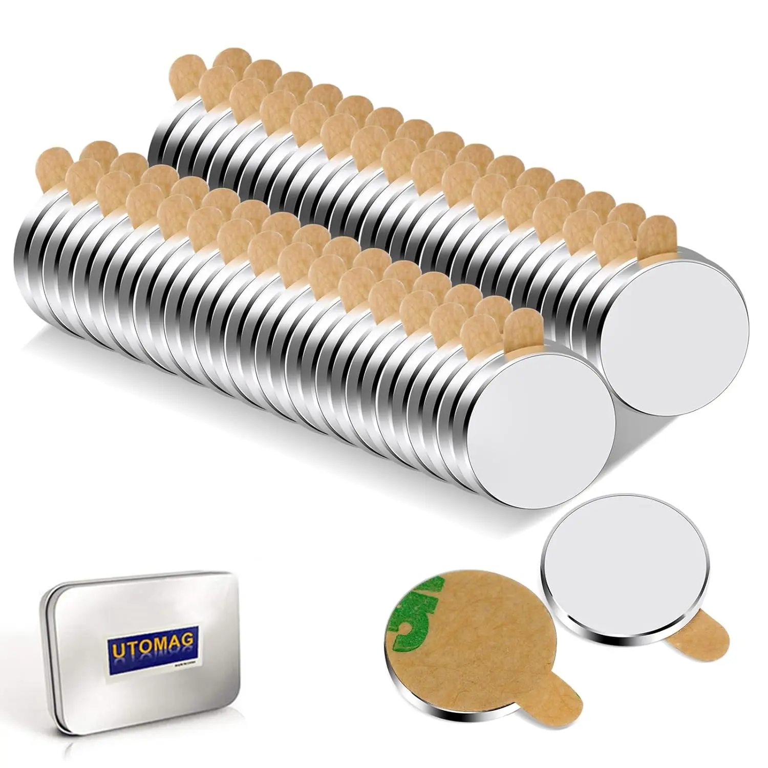 60 Pcs Mini Round Neodymium Magnets with Backing 10x1mm| Small Disc Thin with-Sided Autoadhesive for Science,, Office, School