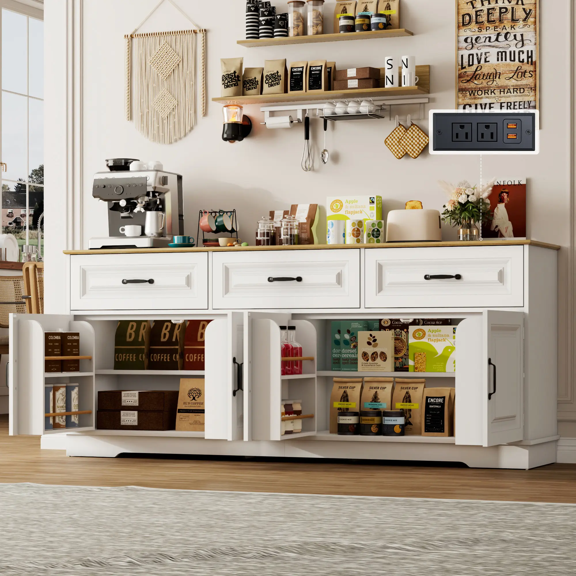 70" Farmhouse Sideboard Cabinet with Power Outlet & Storage