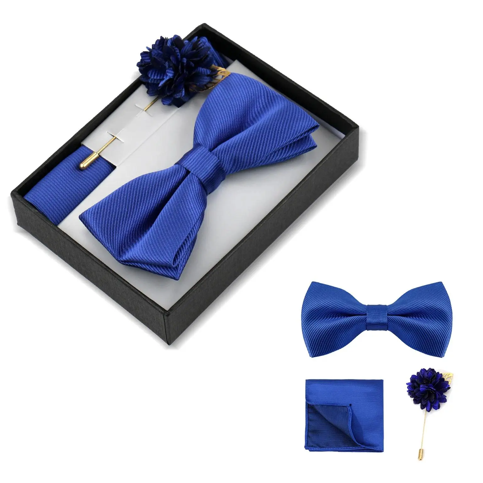 Bowtie Man Flower Brooch Set With Box Pocket Square Butterfly Lapel Pin Bow Tie Set For Men Wedding Suit Accessories Gift Cravat