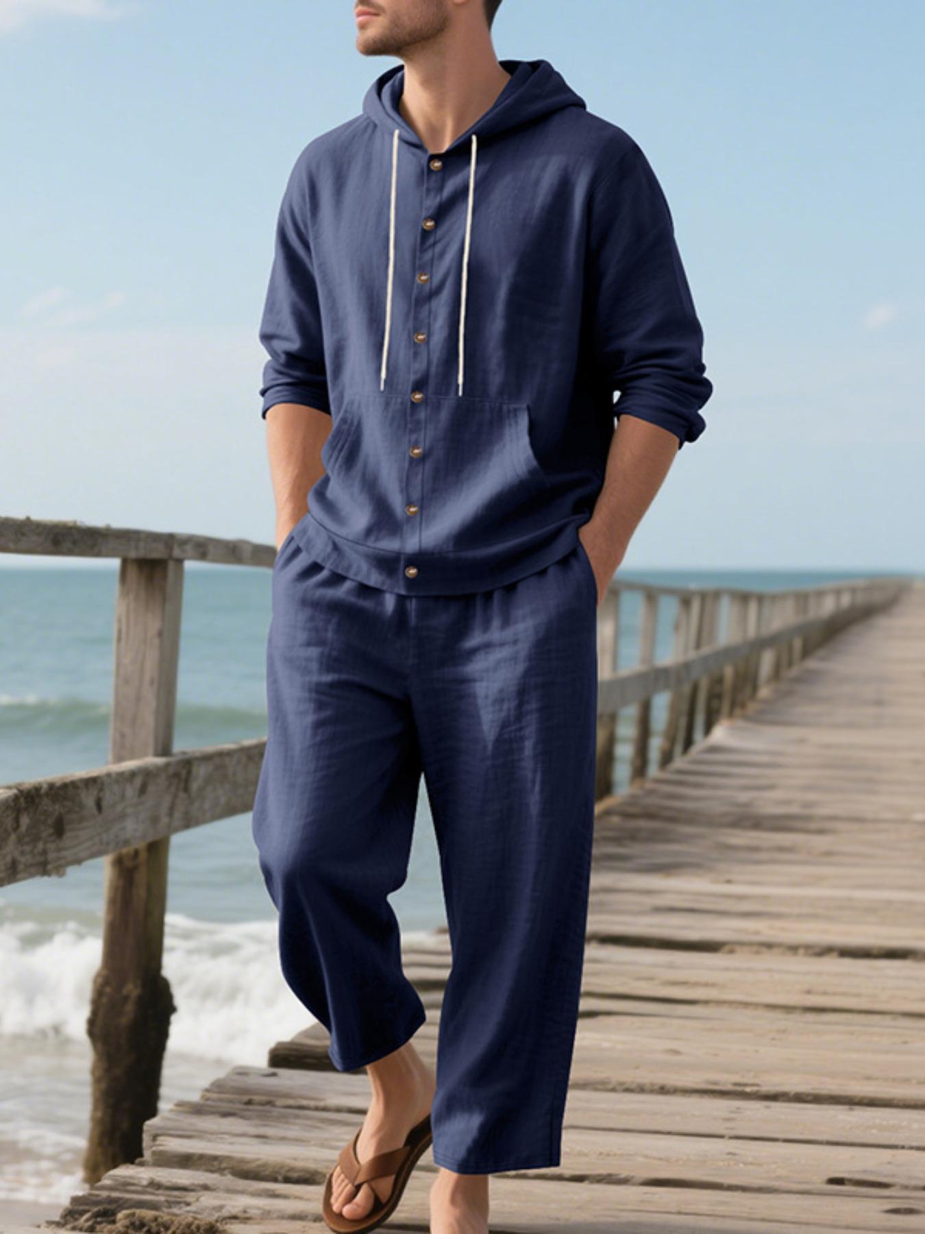 Men's Solid Button Design Long Sleeve Hooded Top & Pants Two-Piece Set, Loose Casual Comfy Breathable Two-piece Outfits for Spring & Fall, Men's Clothes for Daily Wear