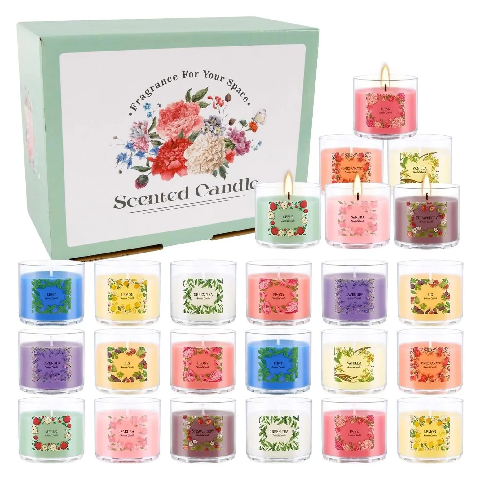 24 Pack Scented Soy Wax Tea Light Candles - 12 Fragrances, 2oz Acrylic Cups, Long-Lasting Aromatherapy, Home Decor Gift Set for Christmas, Birthday, HousewarmingGift