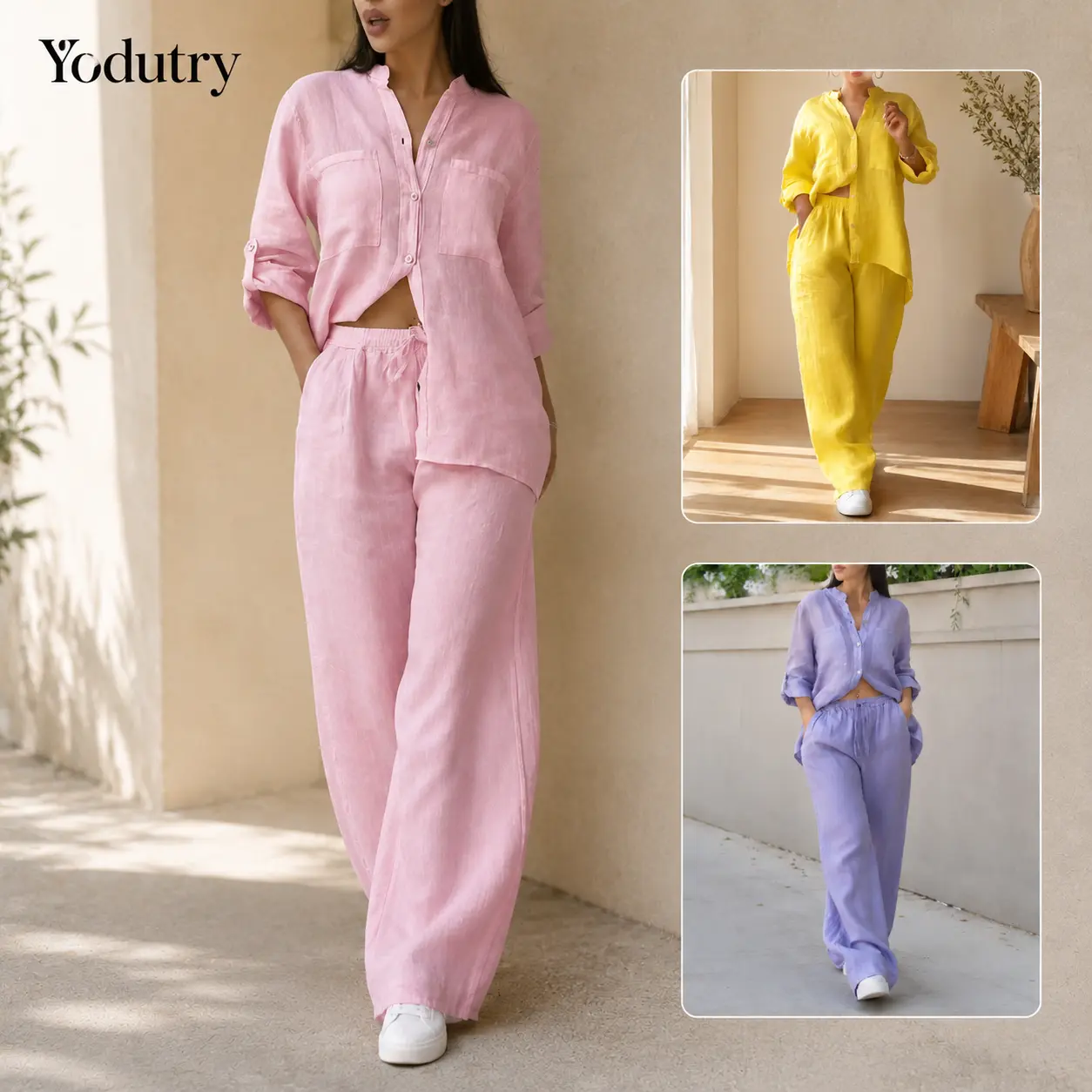 Yulabra  Minimalist Solid Cotton Lounge Outfit Oversized Shirt & Relax Pants