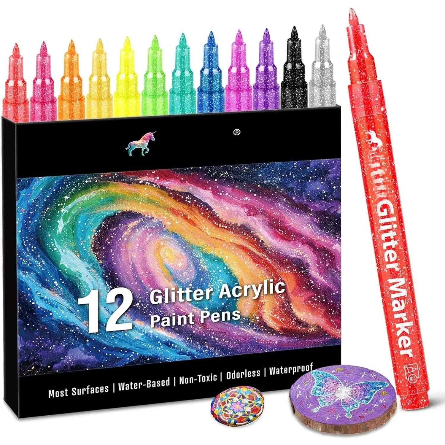 12 Colors Glitter Markers, 0.7mm Extra Fine Tip Sparkling   Pens for Crafts, Adult Coloring, and DIY Projects  Paper, Rock, , Glass and Fabric | Extra Fine Tip Creates  Lines and Shimmering Effects,  for Paper, Rock, , Glass, Fabric and DIY Craft