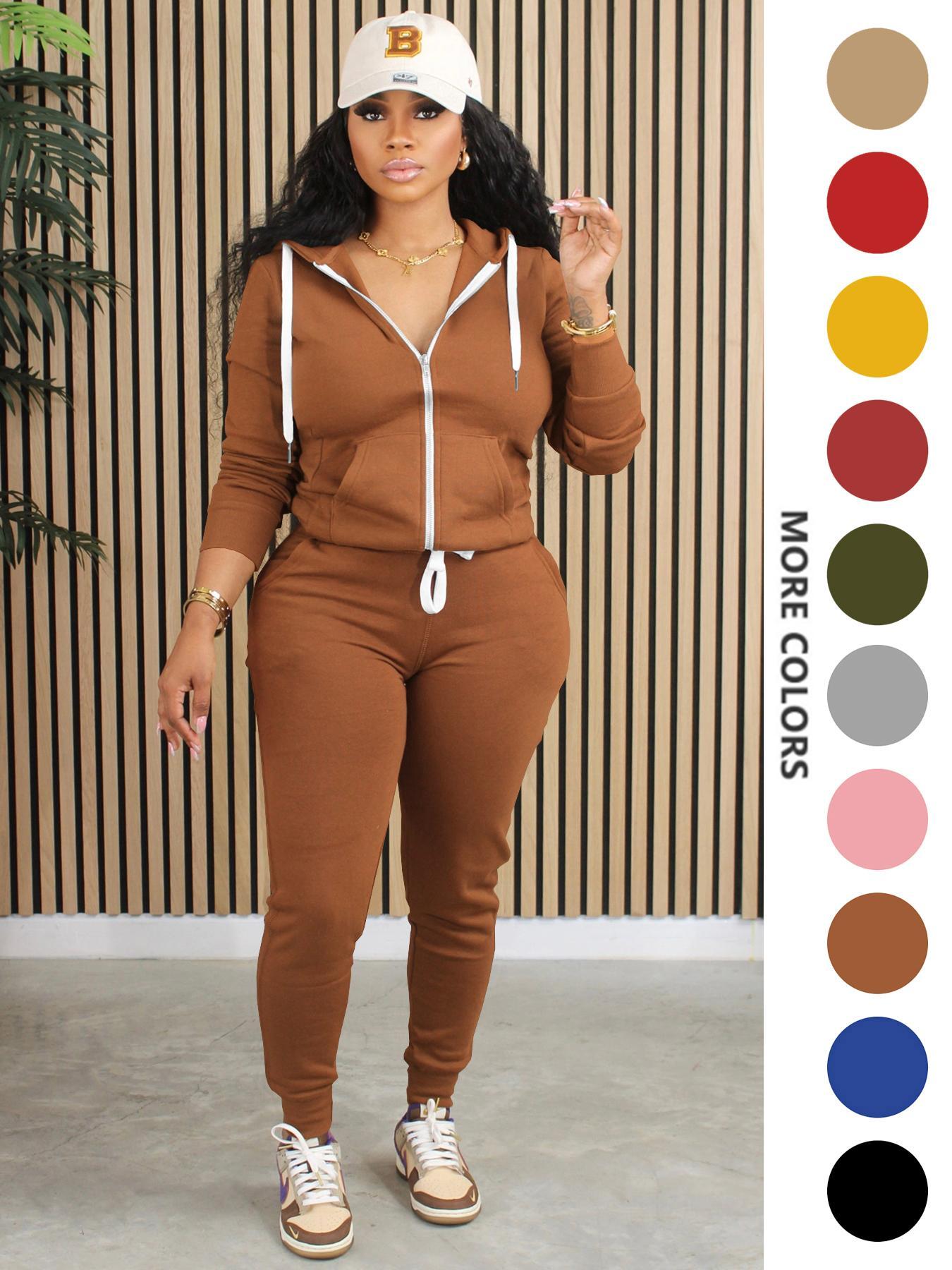Two-Piece Set Women's Solid Zip Up Fitted Hoodie & Drawstring Waist Pants, Casual Long Sleeve Hooded Sweatshirt & Pocket Trousers for Spring & Fall, Women's Clothes for Daily Wear, Casual Fashion Set