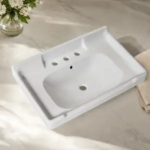ARCH 28 Inch White Ceramic Wall Mount Bathroom Sink Basin with 3 Pre-Drilled Faucet Holes, Overflow, Retro Modern Vessel Vanity Lavatory for Bathroom, Powder Room, 18.5 x 28 x 7.87 Inches, White Color Options, Ceramic Material, Product Dimensions: