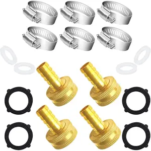 Solid Brass 1/4" Barb x Female Garden Hose End Connector Splicer Mender Repair Fitting Include 6 Stainless Steel Clamps