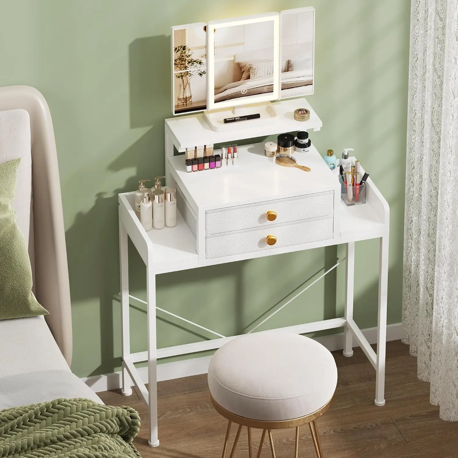 Desk with Mirror and Lights 28.4''W Small Makeup  |  Table with Height-Adjustable Stand, 2 Fabric Drawers Compact Makeup Desk,  for Girls, Bedroom Small Space, White