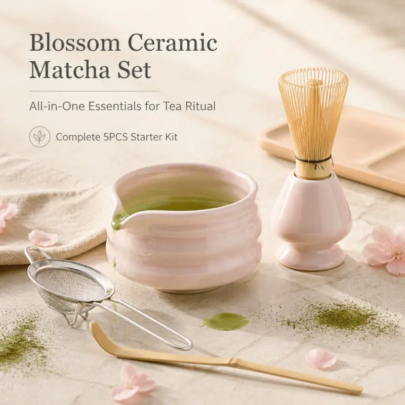 Cherry Pink Ceramic Matcha 5-Piece Set. Handcrafted, including tea bowl, bamboo whisk, whisk holder, tea spoon and sieve, for authentic Japanese matcha preparation, Ceremonial Matcha Kit