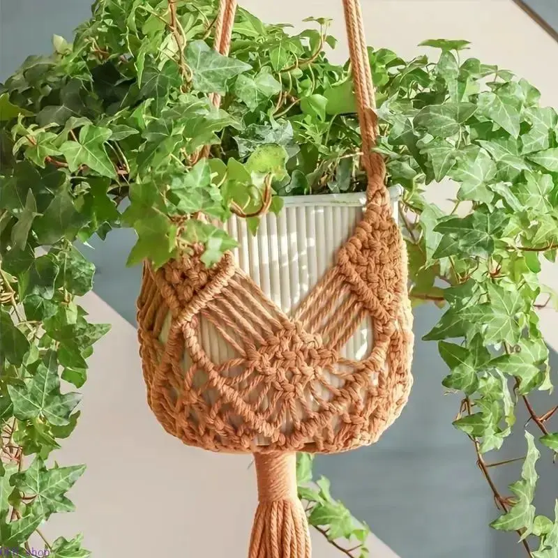 Boho Hand-Knitted Macrame Plant Hanger - 1 Pc Patterned Holder - Indoor Decorative Home Accessory - Fits Up To 8In Pots