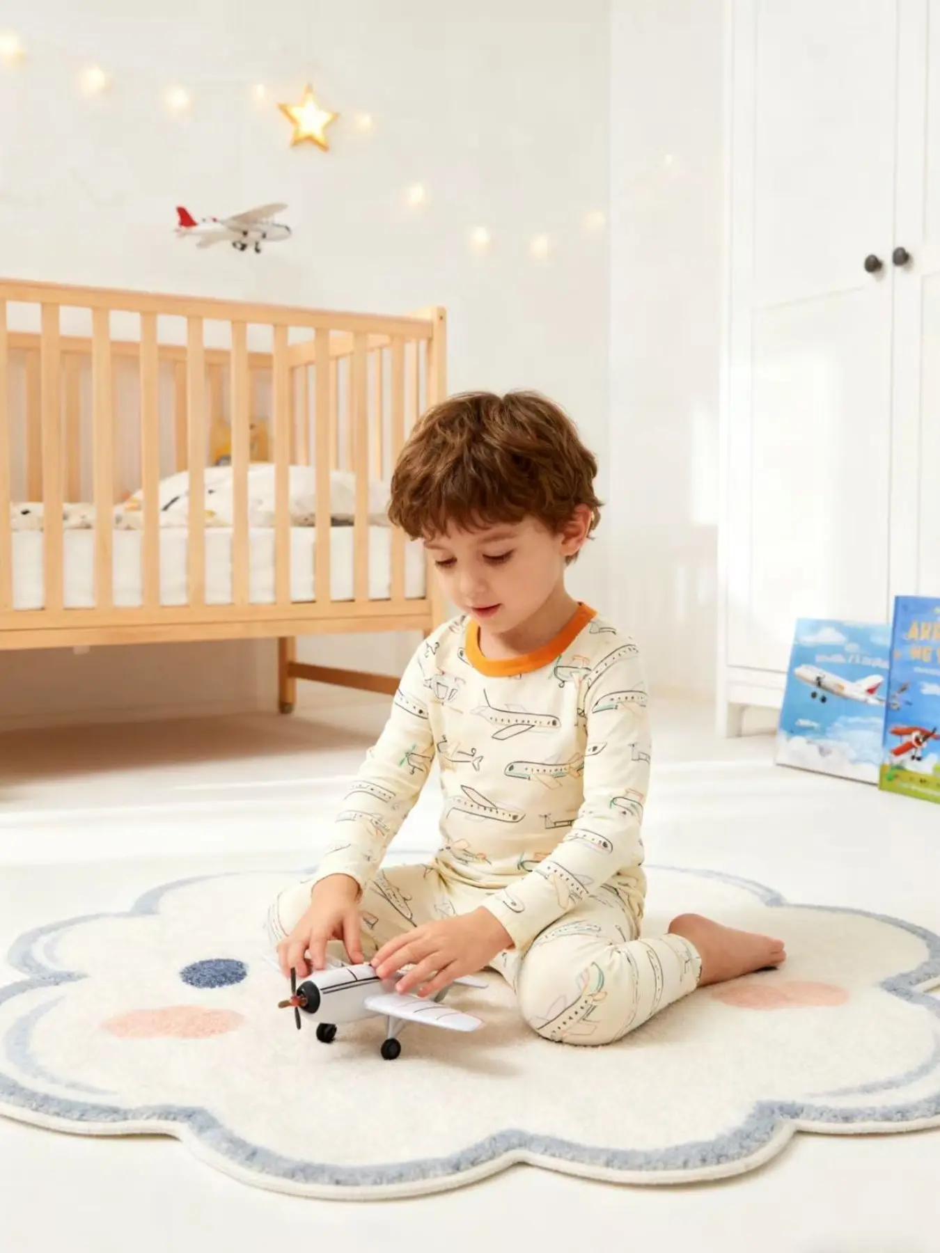 Boys' Long Sleeve Pants Set, Cartoon Airplane Print, Comfortable Casual Home Wear, Spring Summer Fall, Ages 1-8 Years, Cartoon Pattern Pajamas