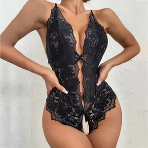 European Halter Cross Tie Backless Lace Bodysuit With Convenient Cut Design Nightwear