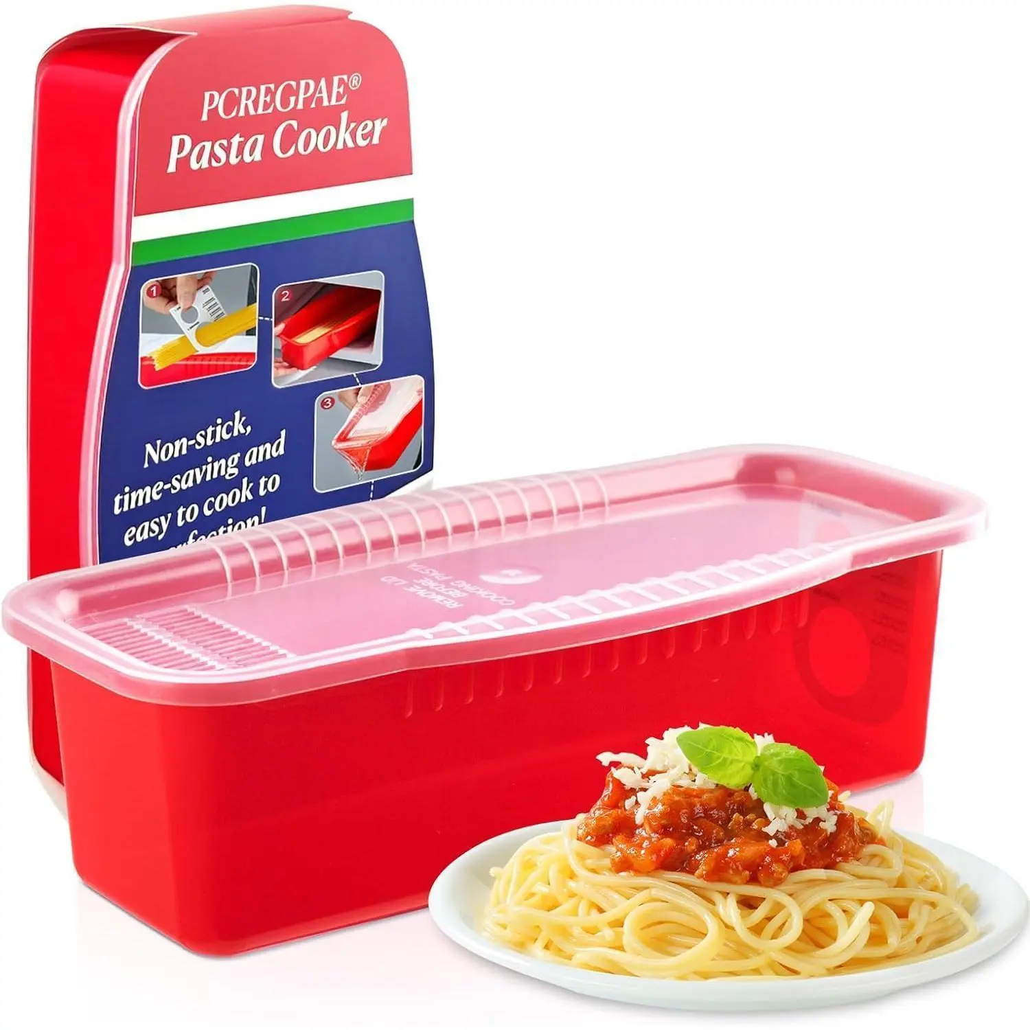 Microwave Pasta Pot with Strainer Lid & Measuring Cup Clip Quickly Cook 1-4 Servings-No Mess, Pasta Cooker in Microwave for Dorm Kitchen Office College Essential, Sticking or Waiting For Boil