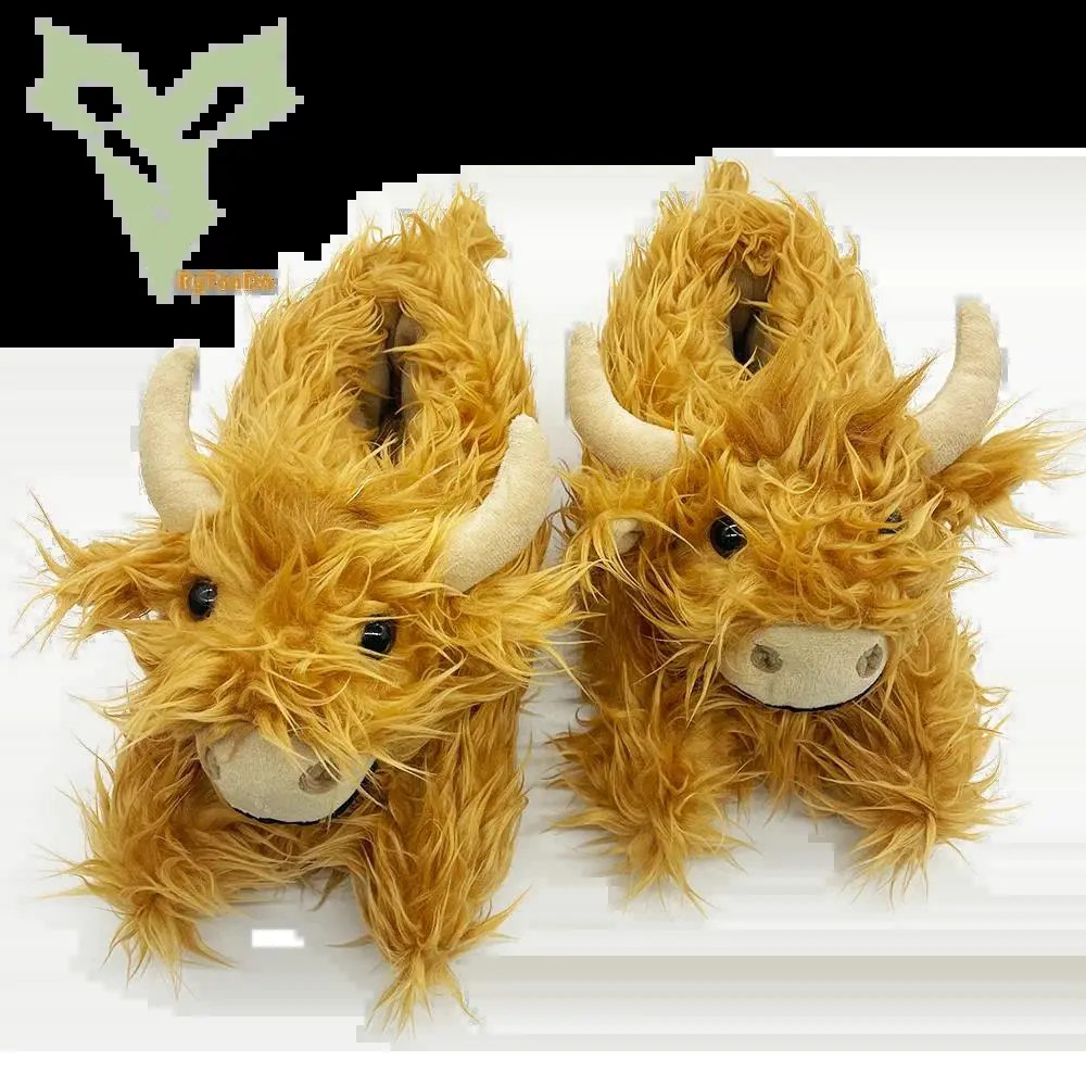 Highland Cattle Slippers Plush Scottish Cow Slippers Brown Fluffy Fur Home Slippers Winter Warm Kawaii Flat Animal Slides Shoes