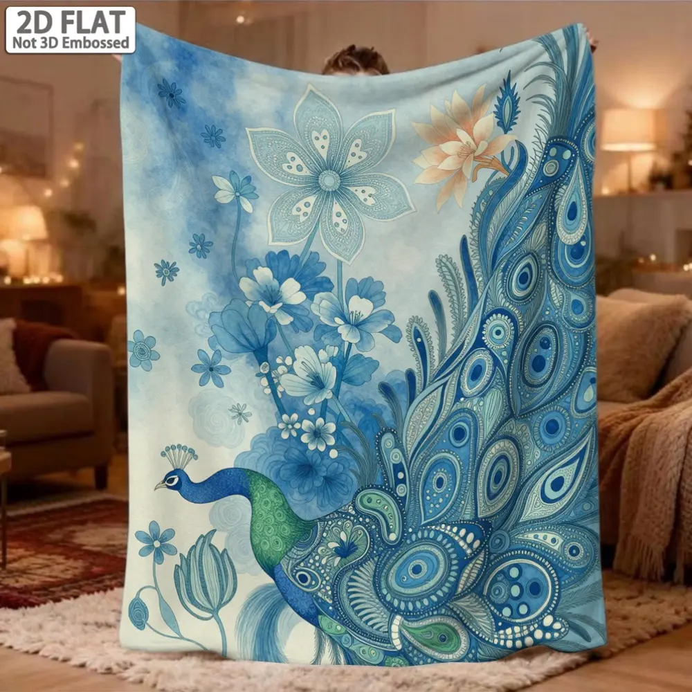 2D Flat, 1pc Peacock And Vintage Botanical Flannel Throw - Ultra Soft, Cozy, Warm And Lightweight Micro Blanket Flannel Throw Blankets Decorative Blankets