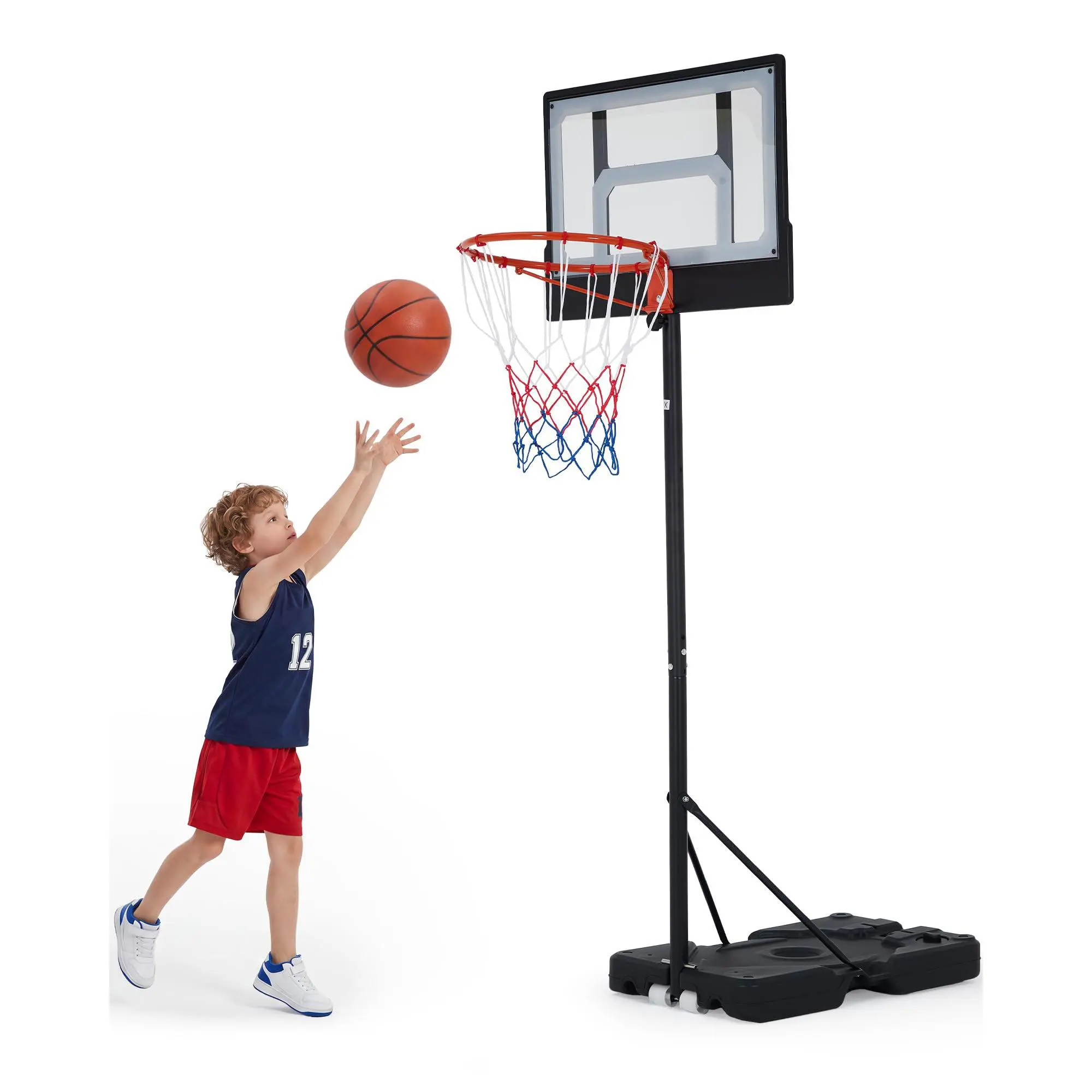 Portable Basketball Hoop – Adjustable Height Backyard Hoop, Indoor Outdoor Pool Basketball Set with Stable Base, Easy Roll Wheels, hatterproof Backboard & Steel Rim