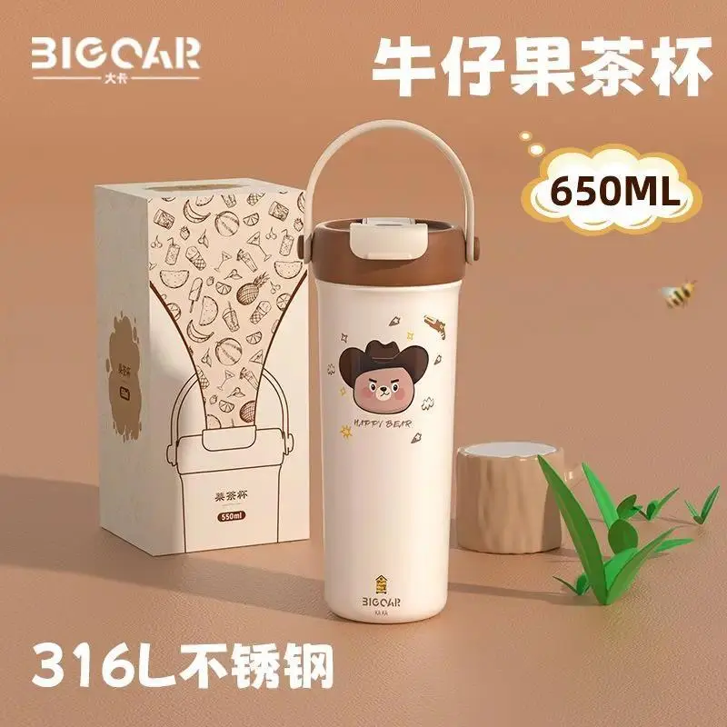 650ML Kawaii Stainless Steel Thermos Vacuum Flask Cute Cartoon Thermal Water Bottle for Girls Insulated Straw Cups Drinkware