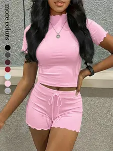 Women's 2 Piece Lounge Set, Short Sleeve Mock Neck Top & Drawstring Ruffle Shorts, Y2K Aesthetic Cozy Summer Pajama Sleepwear