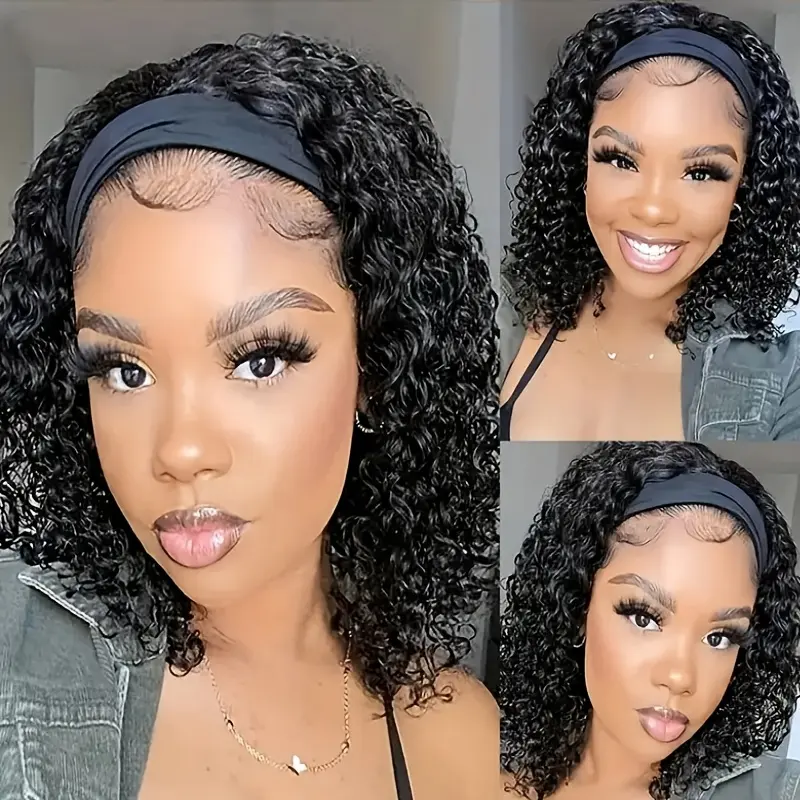 Headband Wig, Human Wig, for Woman, Pixie Cut Wig, No Glue Wig, Short Curly Hair Headband Wig, Density, Natural Black, Beginners Friendly