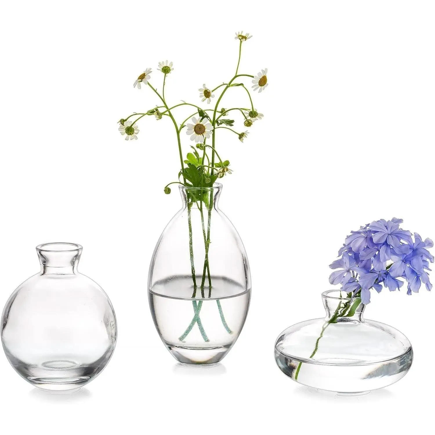 Clear Glass Bud Vases, Set of 3 Modern Mini Flower Vases | Handmade Cute Table Centerpieces for Single Flowers, Minimalist Aesthetic Home Decor, Office, Wedding, EventsGift