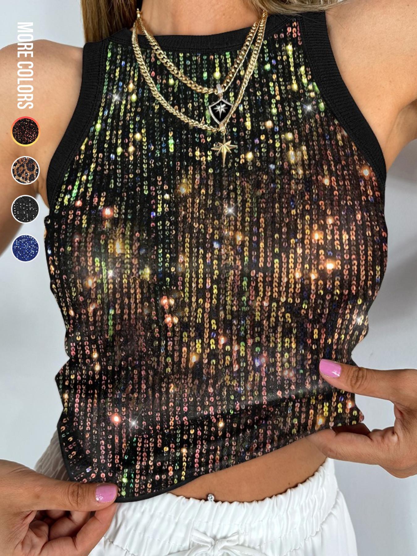 Women's Leopard Print Sequins Crop Tank Top, Casual Soft Sleeveless Round Neck Top for Daily Wear, Ladies Clothes for All Seasons, Casual Fashion Sleeveless Womenswear, Summer Tops