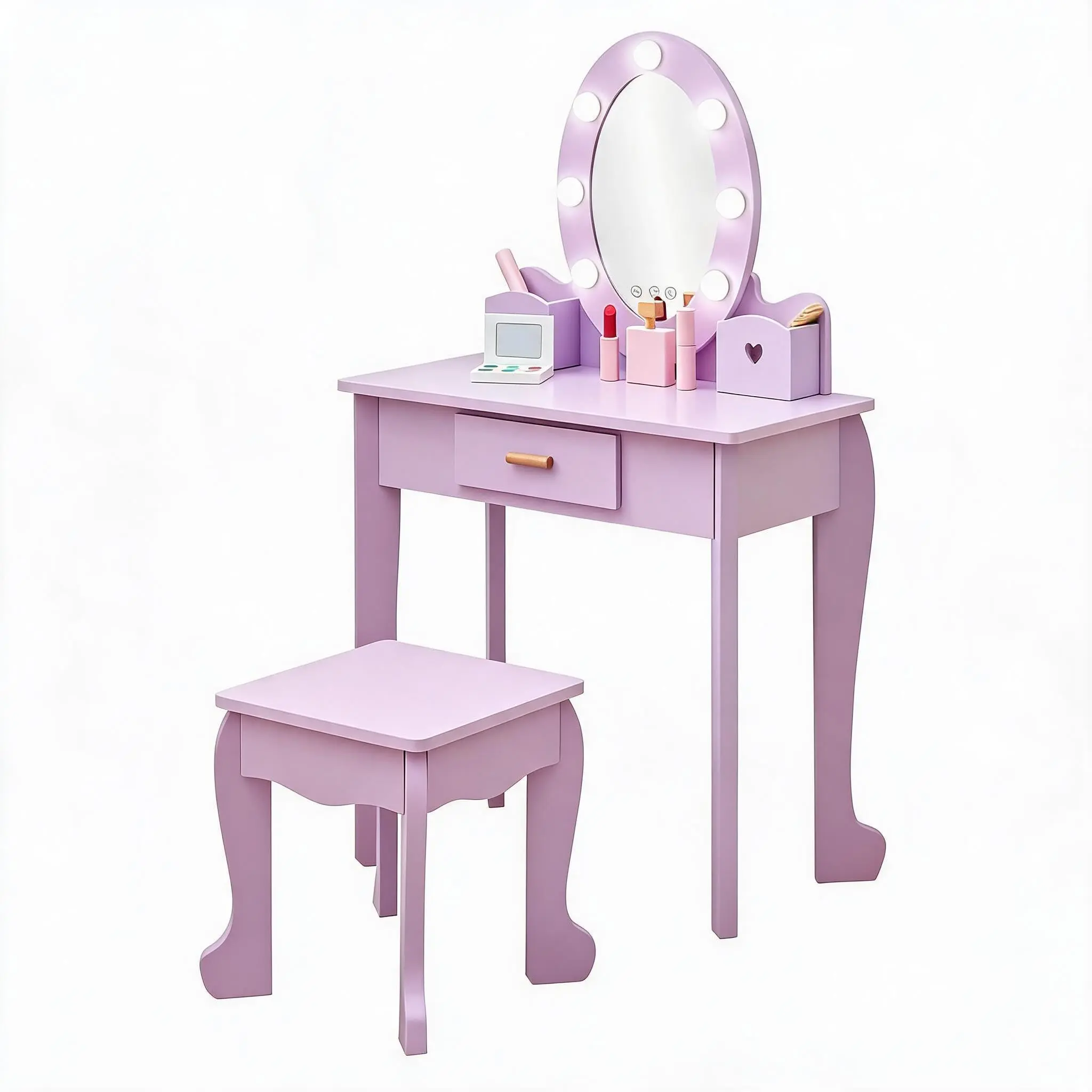 GARVEE Pink Princess Style Wooden Vanity Set with Illuminated Mirror, Stool, and Storage Drawer for Makeup Play and Dressing Up