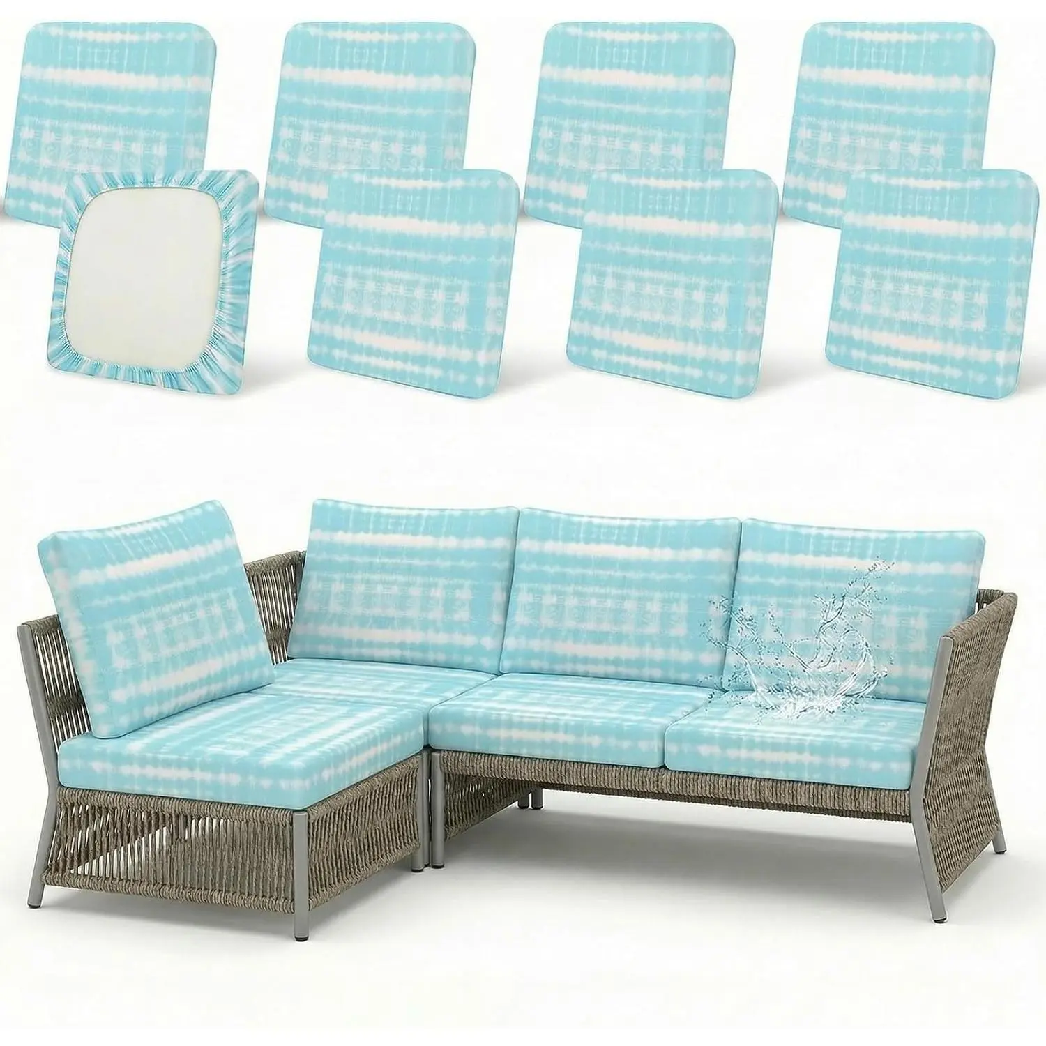 8 Pack Outdoor Cushion Covers, Water Resistant, High Stretch Fit | Patio Sofa Cushion Covers, Furniture Seat Protector, Machine Washable, Fits 20-27",  &  Friendly for Porch, Poolside
