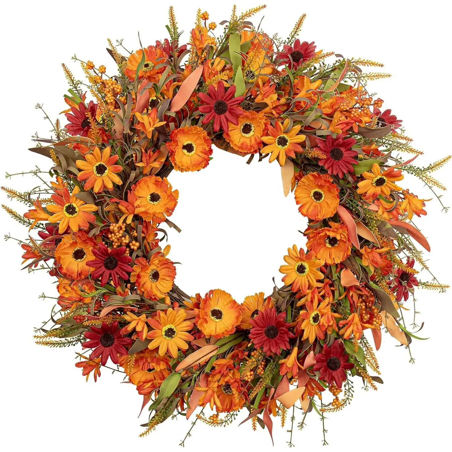 22 Inch Artificial Fall Wreath with Orange Daisies, Wildflowers & Berries for Front Door, Indoor Outdoor Wall Decor, Farmhouse Thanksgiving Harvest Festival CelebrationGift