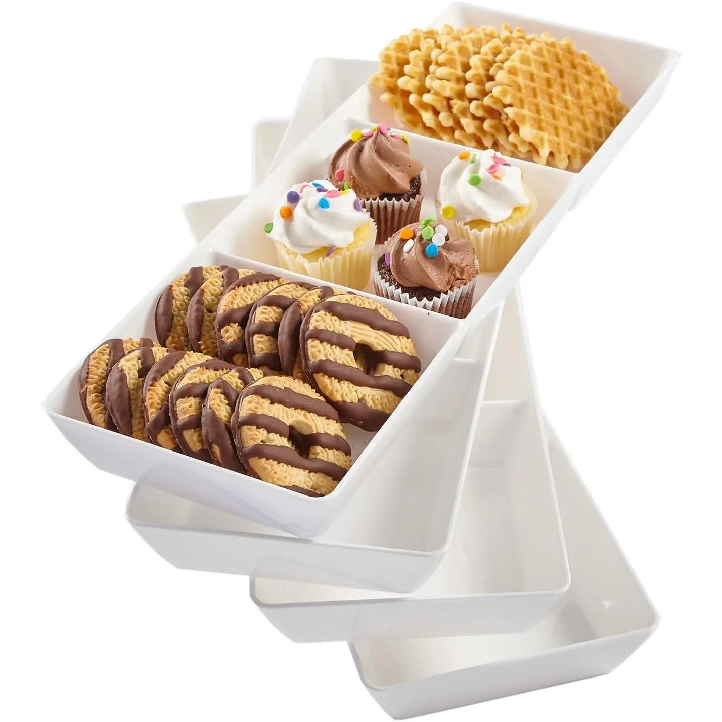 Acrylic White Plastic Divided Serving Trays Set of 4, 15” x 5” | Narrow Reusable 3-Section Party Platters for Appetizers, Fruit, Veggies & Desserts | BPA-Free & Made in USA