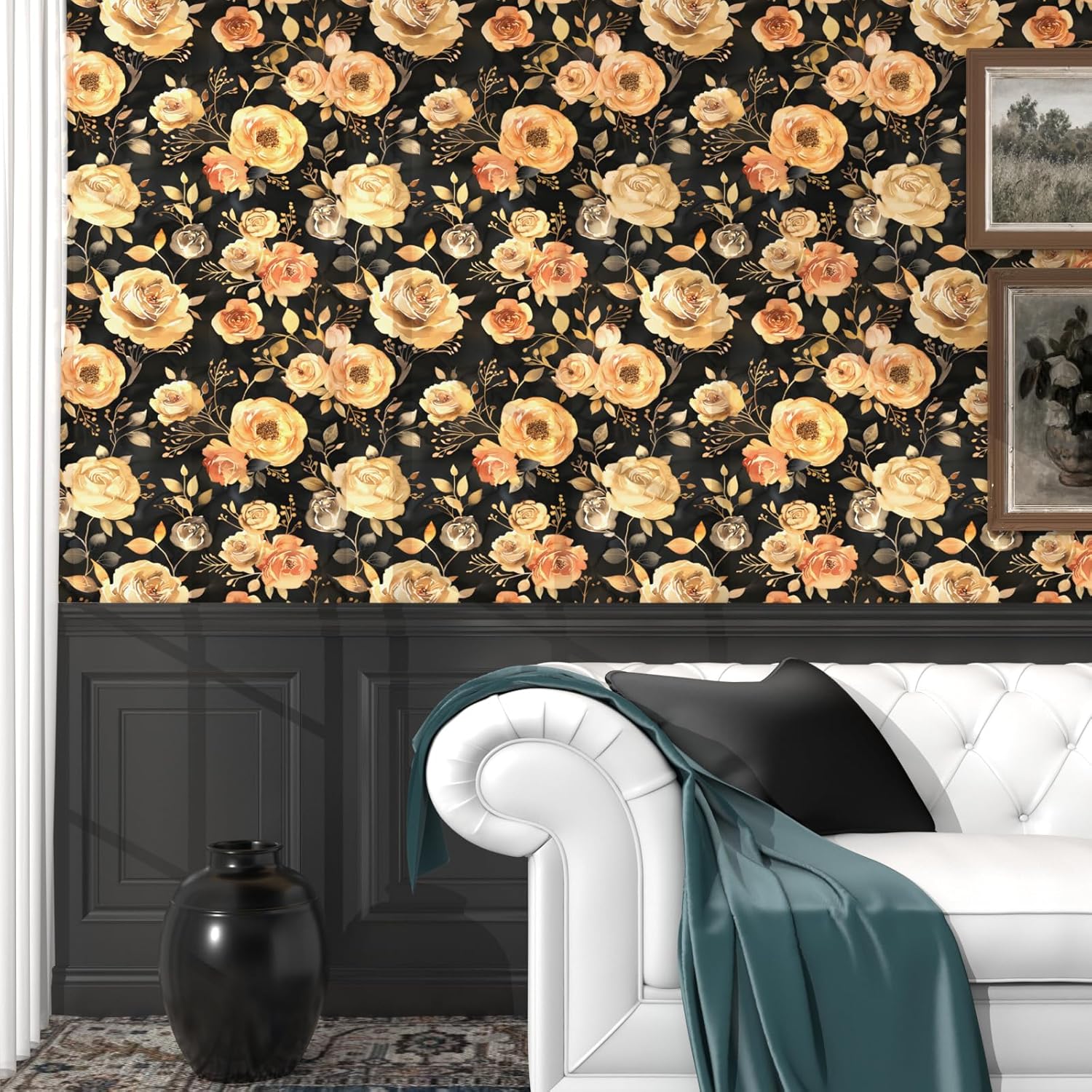 Flower Wallpaper Yellow/Orange Floral Peel and Stick Wallpaper Cream Contact Paper Waterproof Self Adhesive Covering for Bedroom Cabinet Bathroom Home Decor 17.4" x 118"