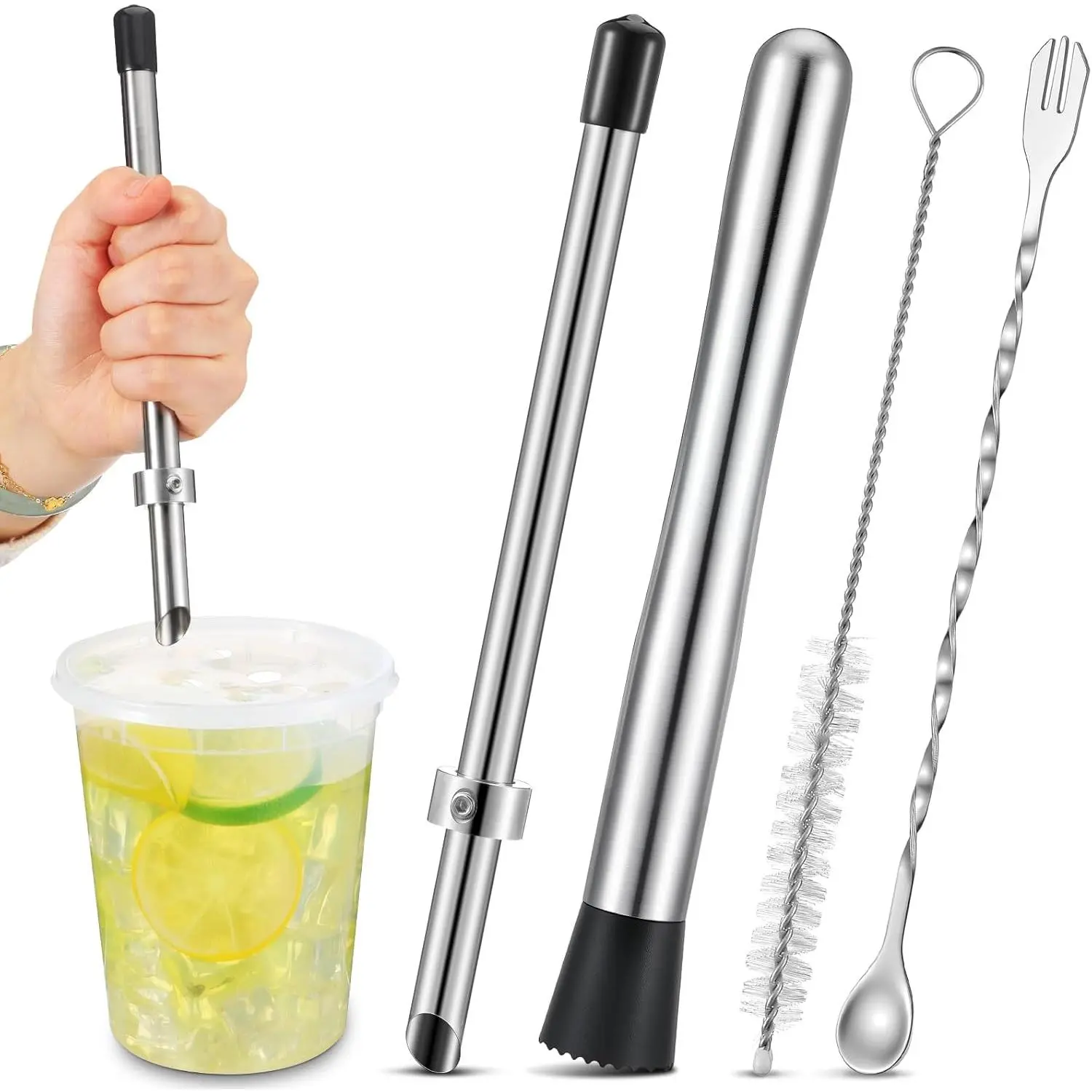 5-Piece 8.7 inch Lemonade Straw Puncher & Stirrer Set - 304 Stainless Steel Mixer, Plastic Cup Lid Compatible, Home Supply Tools for Making Fresh Lemonade