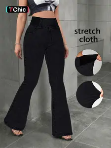 Women's Y2K Denim Jeans Pants, High-Waisted Elastic Waist, Flared Leg, Washed Design, Casual Style, Trendy and Versatile, Light Blue Color