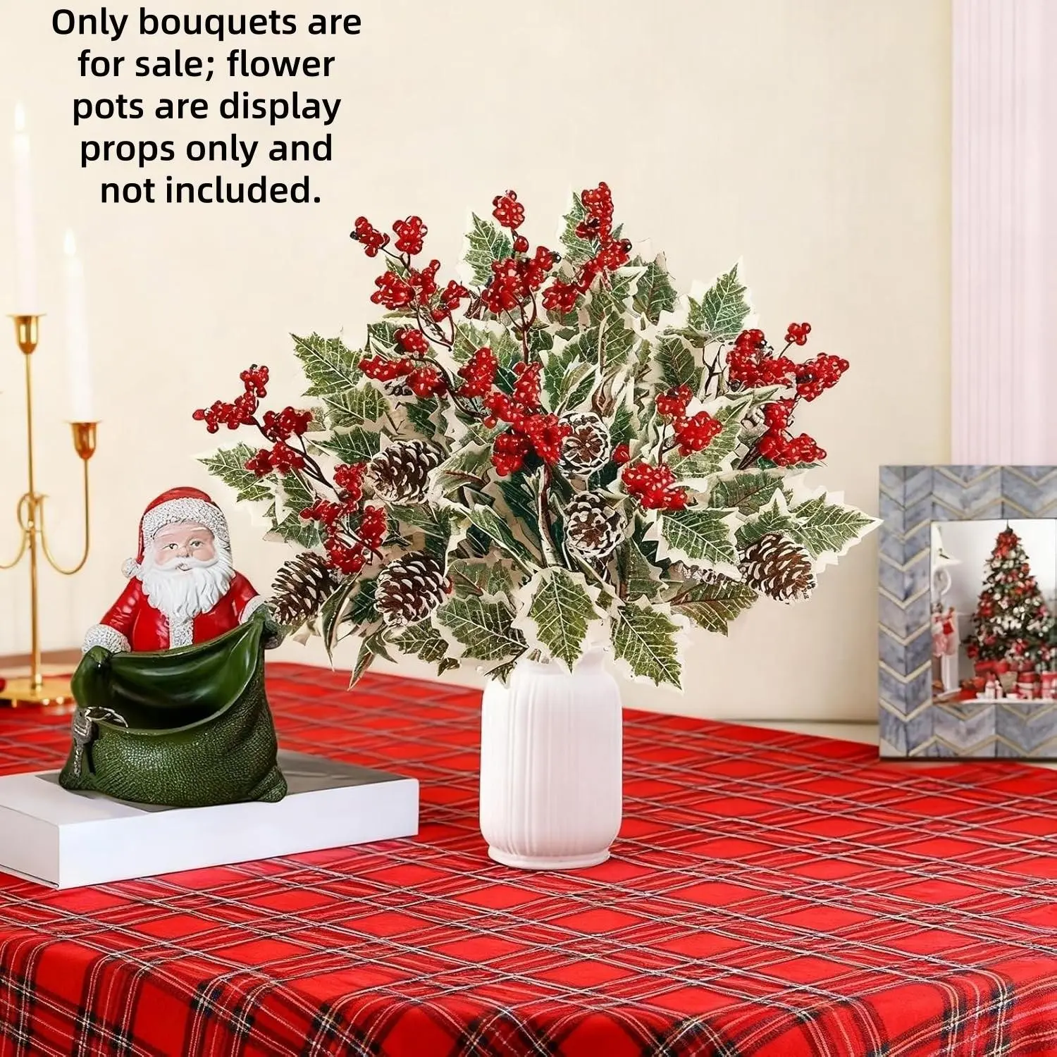 6pcs Artificial Greenery Stems with Berries & Pine Cones, Faux Silk Plants for Christmas Decor, DIY Holiday Centerpiece