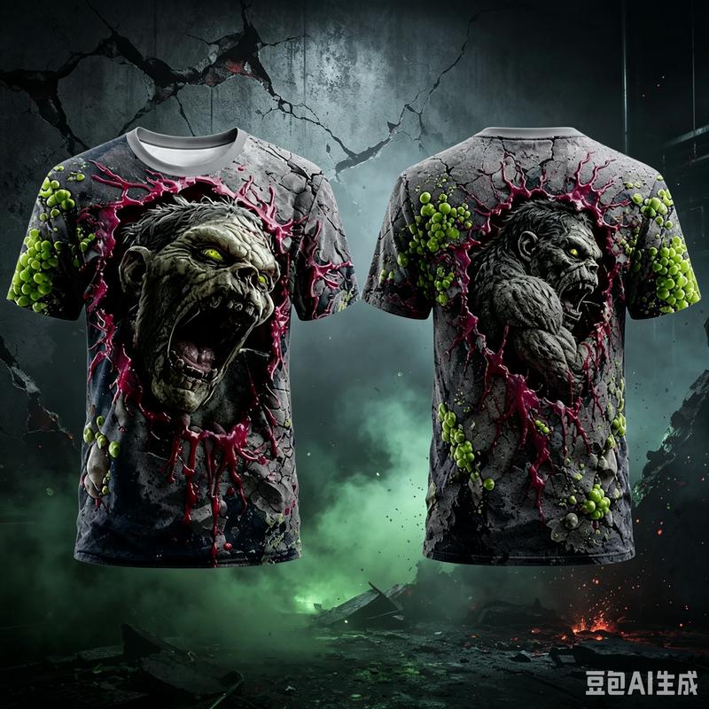 Men's 3D Crack Wall Bloody Mutant Monster All-Over Print Tshirt - Soft Imitation Fabric Scary Zombie Creature Halloween Graphic Menswear Tee MonsterTee HalloweenShirt HorrorGraphic