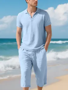 Premium linen waffle texture two-piece set: Man Polo shirt + shorts. Breathable, non-moistening, anti-wrinkle, easy to care for. Suitable for daily commuting, vacation, and dates. Available in multiple colors.