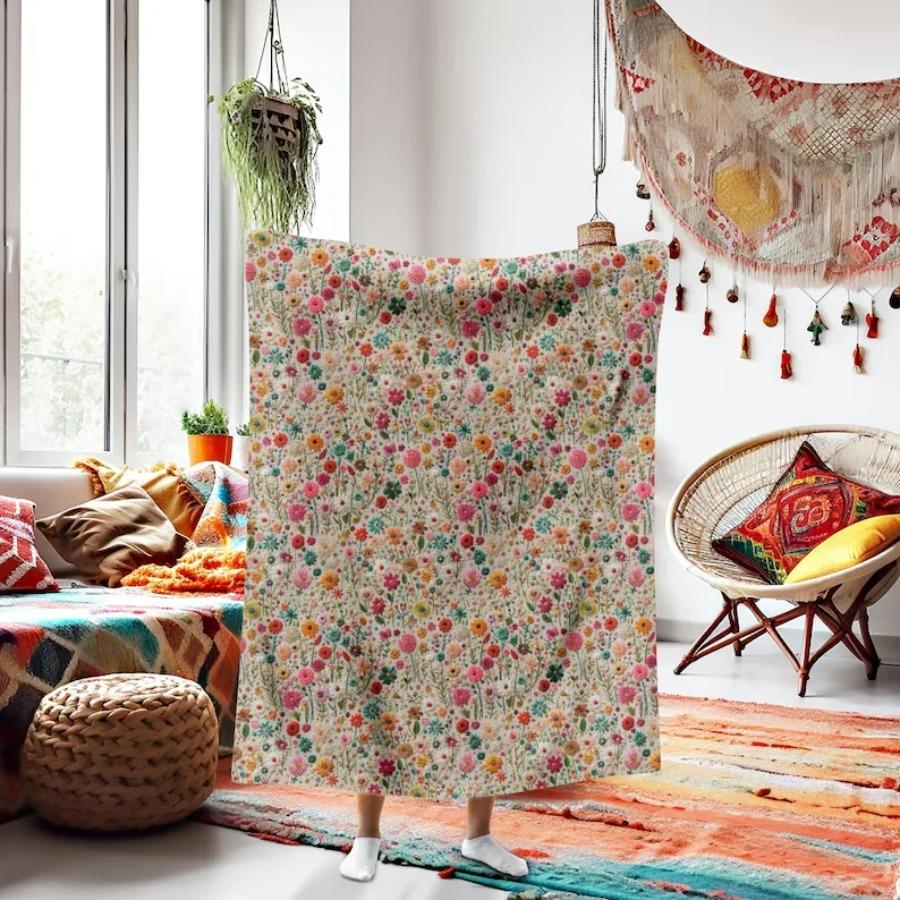 Colorful Floral Patchwork Blanket – Cozy Flannel Throw for Couch, Bed, Travel, All Season