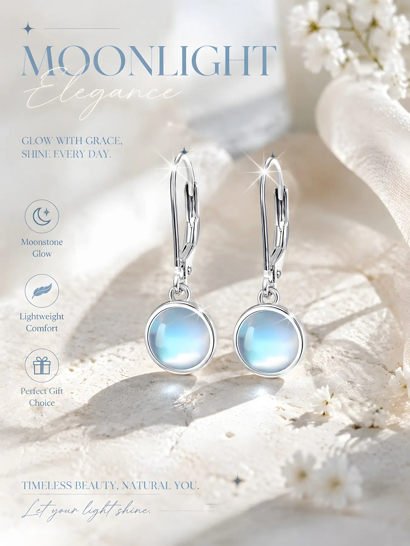 Elegant Moonstone Earrings for Women, Fashionable Round Drop Studs, Hypoallergenic Nickel-Free Jewelry, Perfect Gift for Birthdays & Valentine's Day